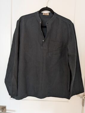 Fabindia Mens Charcoal Linen Pullover Henley Shirt relaxed-fit 38 Band Collar